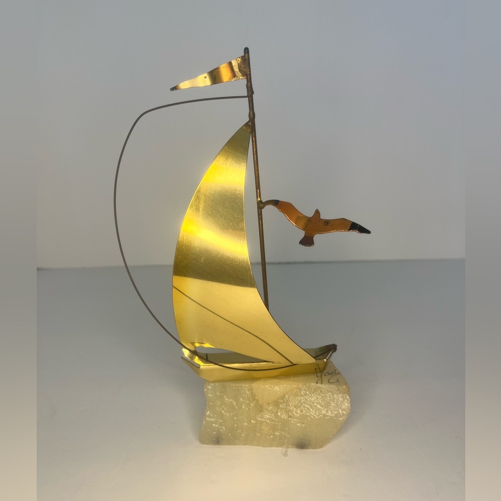 Brass Sailboat Flying Seagull‎ Sculpture Marble Base Signed Nautical Figure